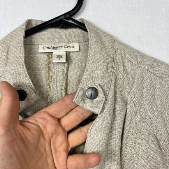 Coldwater Creek 100% Linen Khaki Blazer Womens 8 Safari Boho Minimalist Prairie - Picture 2 of 10